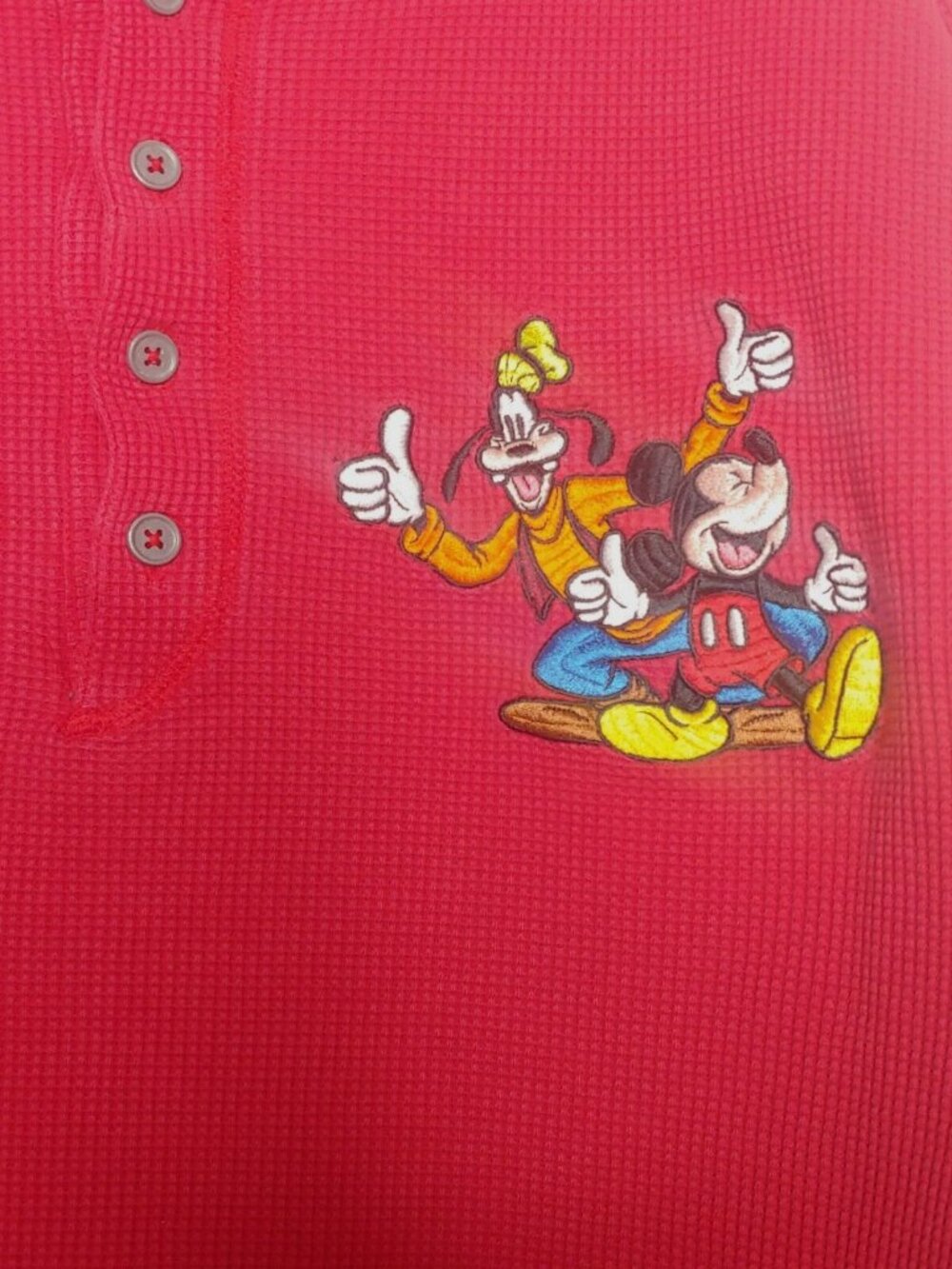 Disney Mickey Mouse Goofy Henley Shirt Large Red Thermal Embroidered